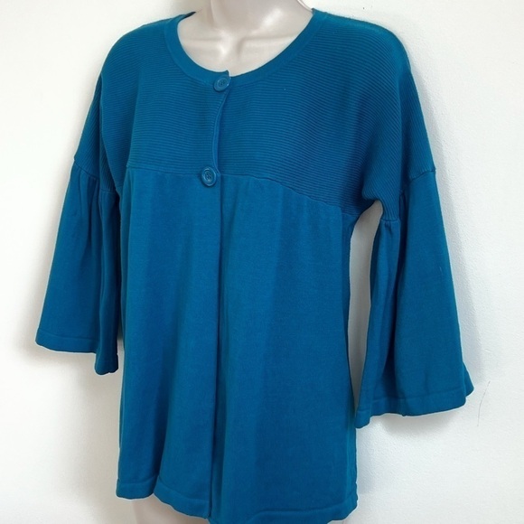 Kenar Elbow Bell Sleeve Scoop Neck Blue Cardigan Sweater Knit Medium Stretchy - Picture 2 of 9